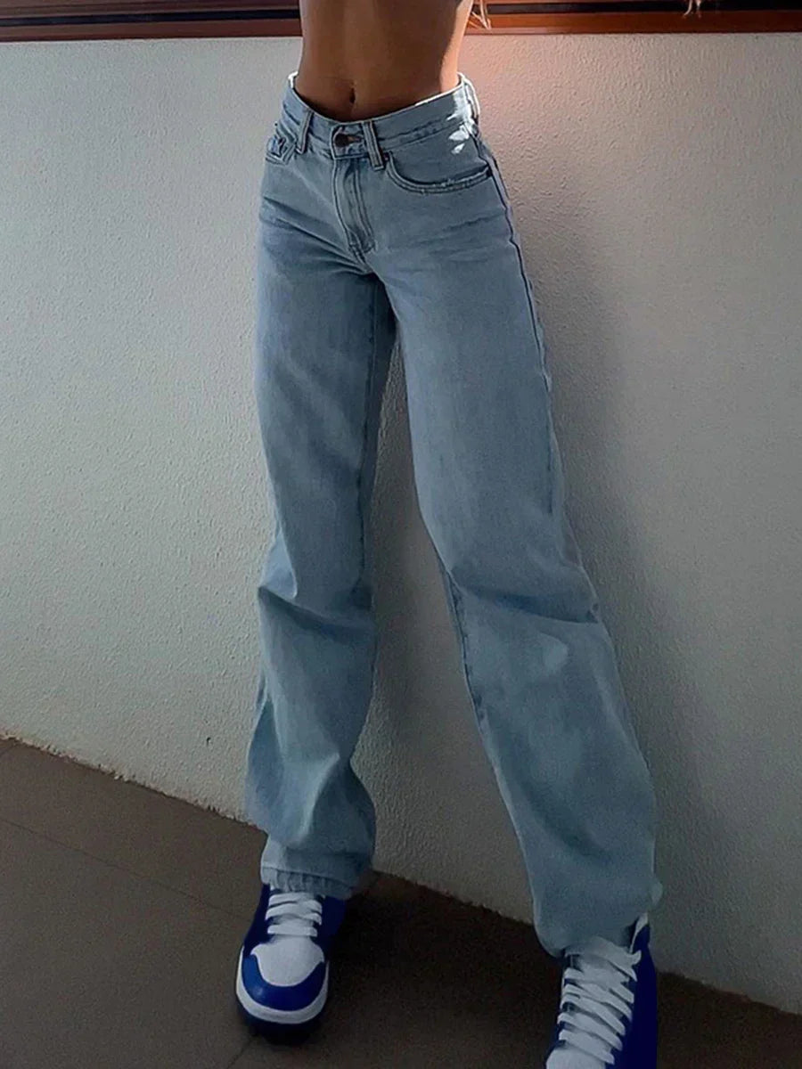 JazzHer-Women Straight Denim Pants Side Pockets Ripped Cutout Long Streetwear Casual Fall Spring Baggy Trousers Y2K Cargo