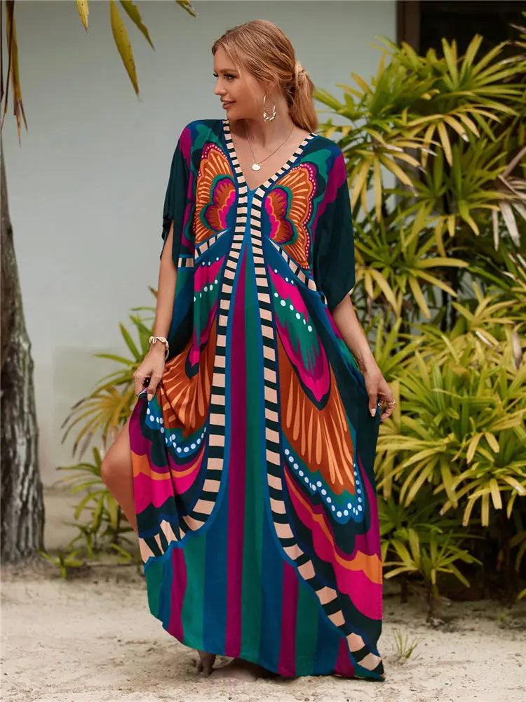 JazzHer Bohemian Butterfly Printed V Neck Batwing Sleeve Dresses For Women Clothing 2023 Beach Wear Causal Long Dress Vestidos Q1342