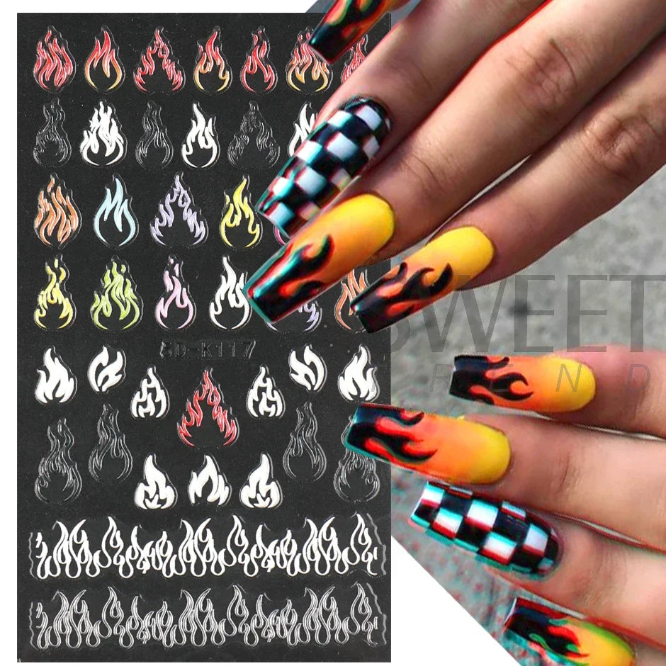 JazzHer 5D Winter Fire Flame Nail Textured Sticker Acrylic Gradient Design Torch Engraved Adhesive Slider Manicure Decor Decal LY5D-K117