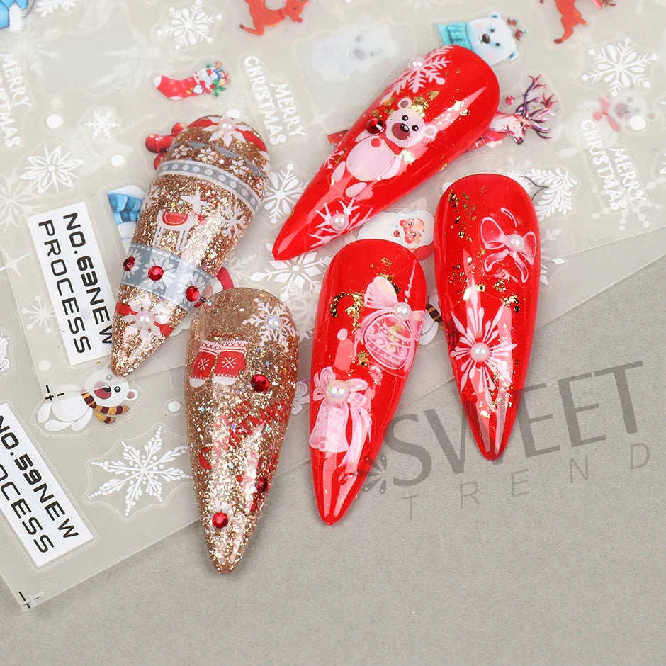 JazzHer 3D Red Maple Cotton Nail Art Stickers Mushroom Geometry Flowers Leaf Pattern Watercolor Winter Decals Decoration Foils Tips LYNO