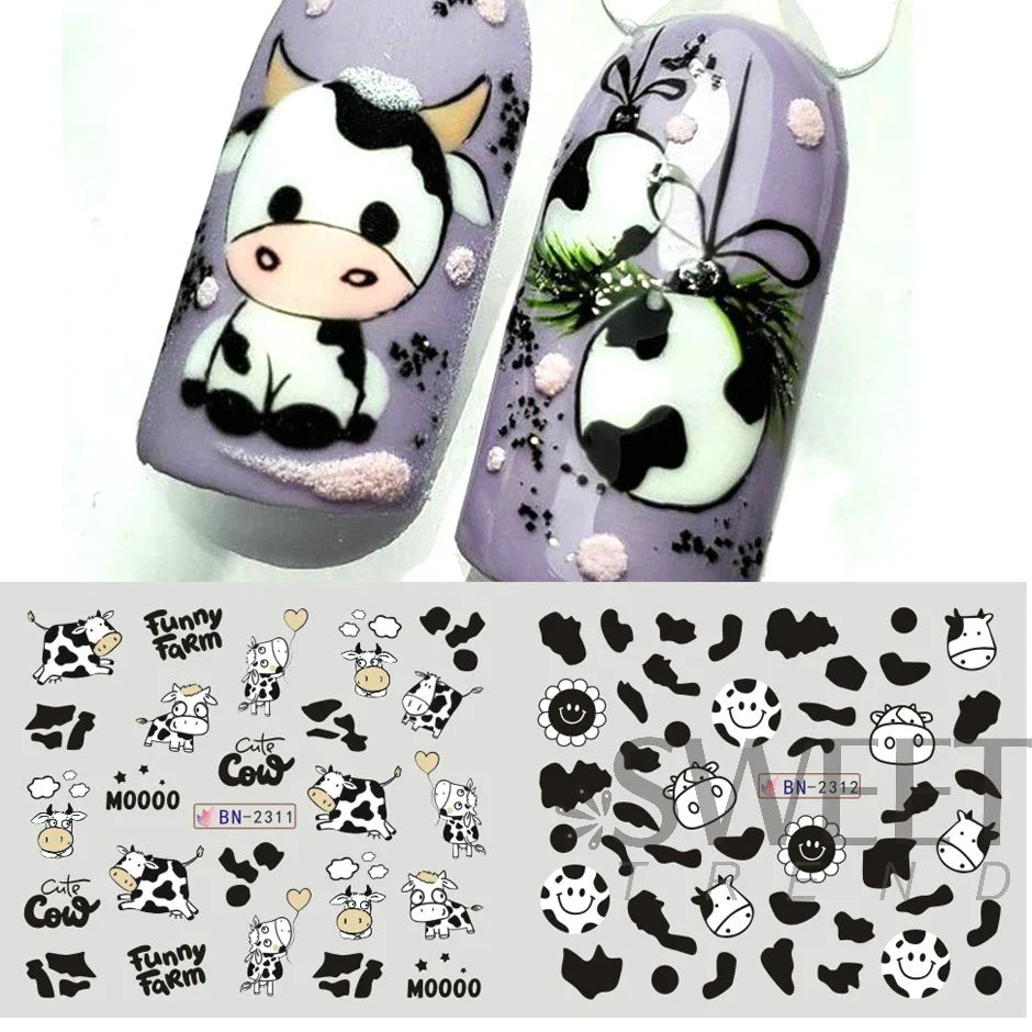 JazzHer 12pcs Milk Cows Nail Water Sticker Cute Cartoon Animals Prints Geometry Strip Decals Tattoo 2024 Watermark Transfer Sliders LYBN