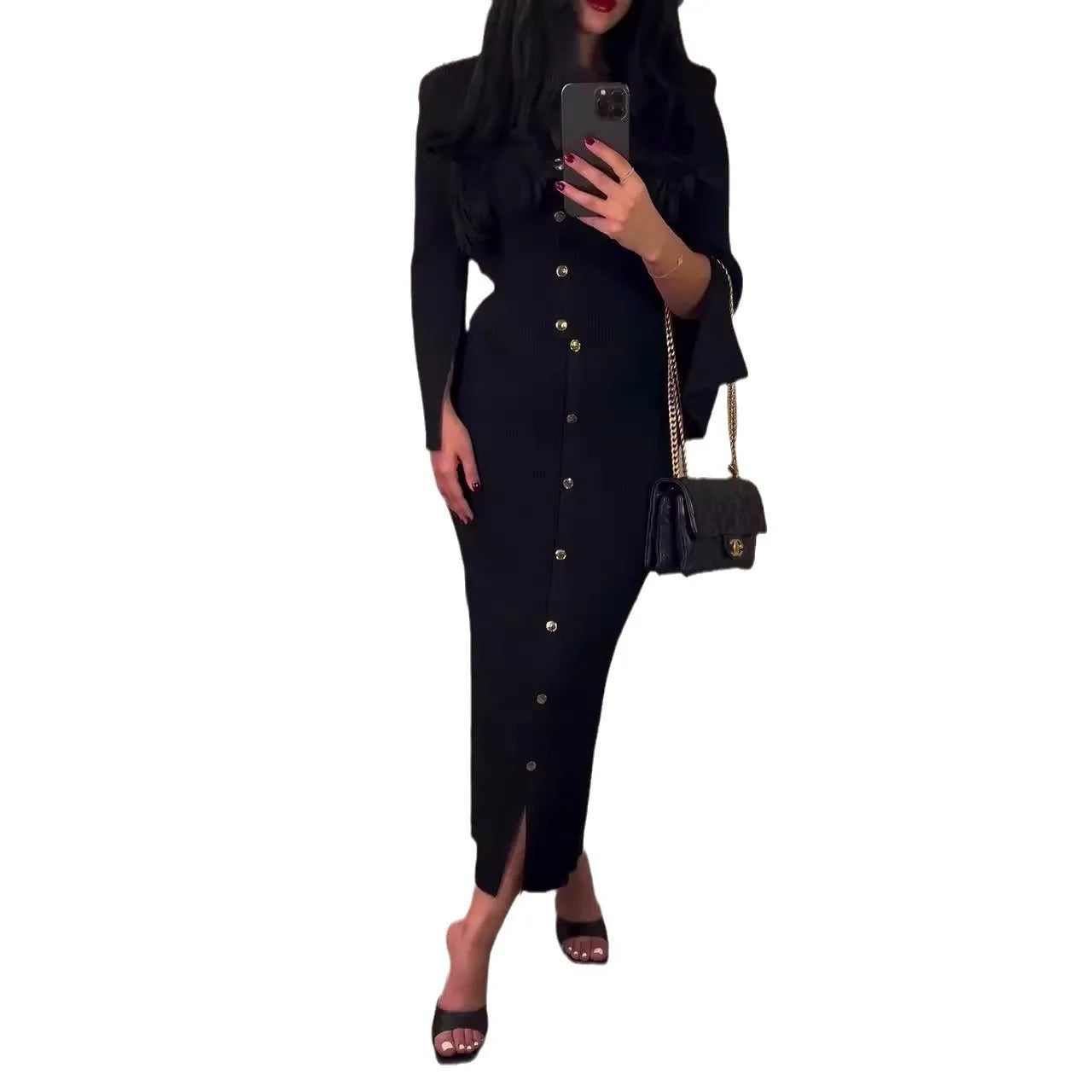 JazzHer Two Piece Set Women Outfits Casual Tops Slim Fit Long Skirt Suit Round Collar Blouse Buttons Split Skirts Sets Female Ensemble