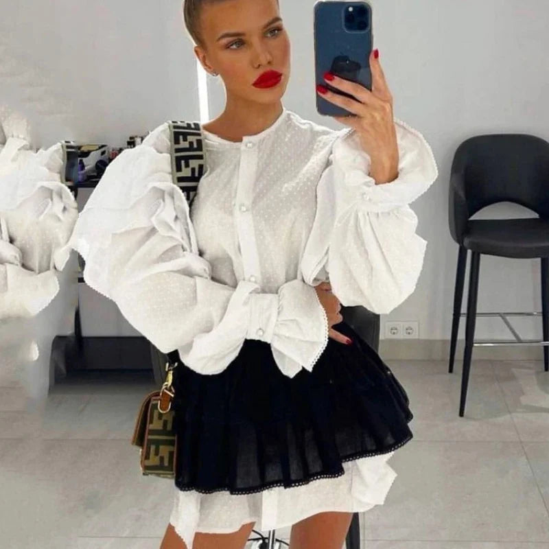 Black Friday JazzHer Ruffled Flare Sleeve Shirt Dress For Women With High Waisted Shorts Contrast Color Patchwork Mini Party Dress Autumn New