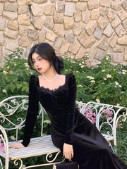 JazzHer Gothic Vintage Balck Long Sleeve Dress Woman Elegant Fashion Velvet Midi Dress Korean Style Even Party Dress Casual 2024 Spring