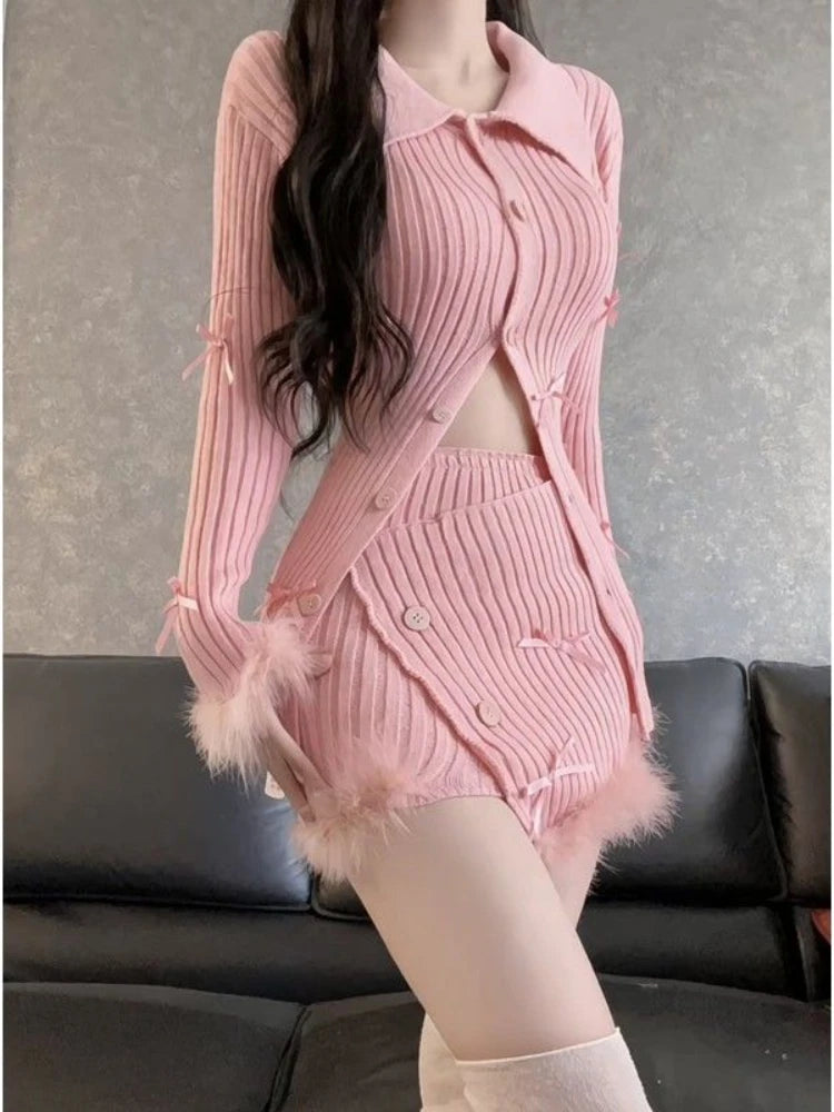 JazzHer 2024 Fall Fashion 2024 Autumn Pink Knitted Suit Woman Kawaii Elegant Set Korea Fashion Clothing Woman Casual Sweater + Slim Bodycon Y2k Mini Skirt