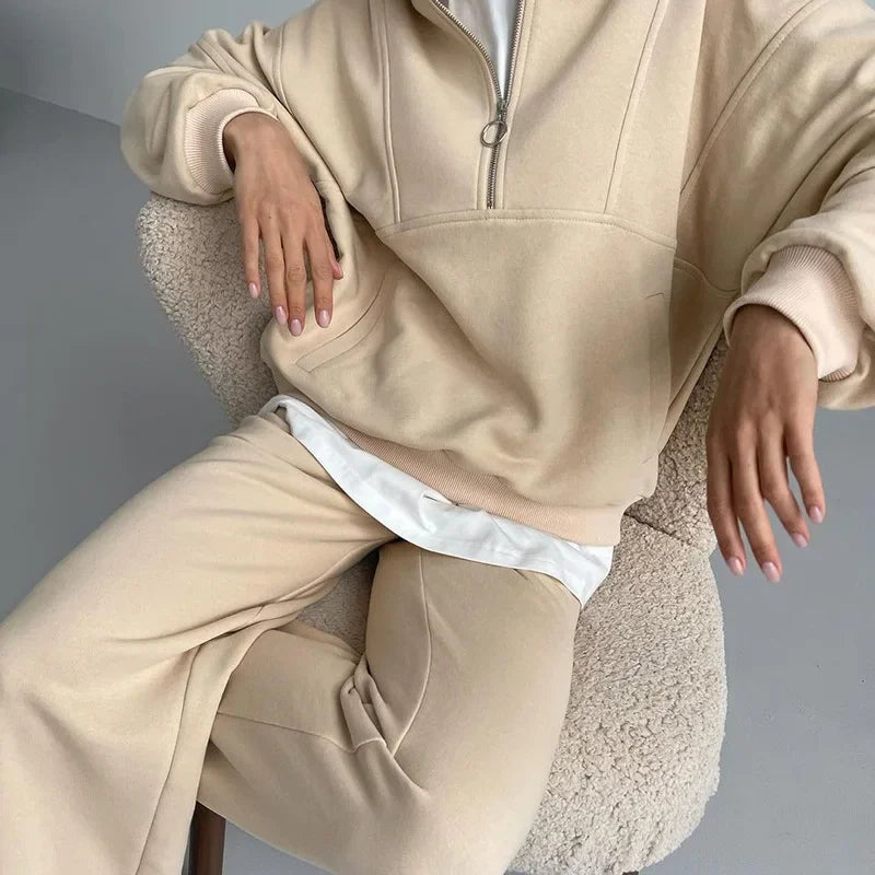 JazzHer 2 Piece Sets Women Casual Trousers Outfits Solid Color Sweatshirt Zipper Sweater Coat Wide Leg Pants Suit Autumn Tracksuit