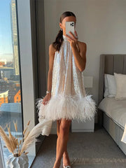 JazzHer Elegant White Sequins Feather Hem Mini Dress Women Sexy Off Shoulder Loose Halter Dresses 2024 New Shiny Female Party Vestidos