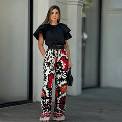 JazzHer Two Pieces Pant Sets Print Pullover Tops Wide Leg Pants Loose Casual Women Matching Sets Ruffles 2024 Pockets Ankle Length