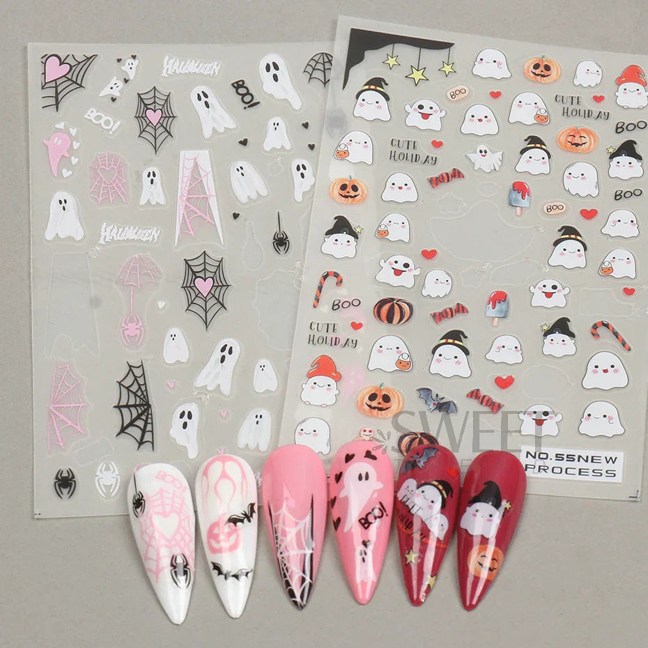 JazzHer Cartoon Ghost Nail Manicure Stickers Pink Spider Web Pumpkin Bat Design Adhesive Decals 2024 Halloween Holiday Cute Foils Wraps