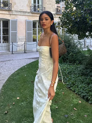 JazzHer White Floral Print Wrap Waist Spaghetti Strap Maxi Dress Women Sexy U Neck Sleeveless Backless Long Robe Elegant Party Vestidos
