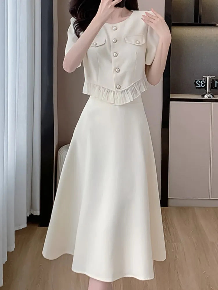 JazzHer Fashion Korean Sweet Elegant 2 Piece Set Summer Office Lady Skirt Suits Ruffles Collar Knee-length Clothing For Women