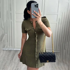 JazzHer Metal Button Knitted Short Sleeve Dress Women's Retro Elegant Mini Sweater Dresses Solid Color Club Party Vestido Female