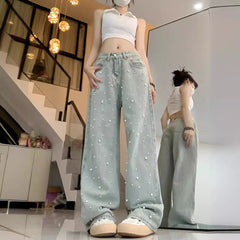 JazzHer Women Jeans Beading Wide Leg Pants Denim Jean Washing High Waist Loose Fit Pockets Basics Full Length Pants Slight Strech 2024