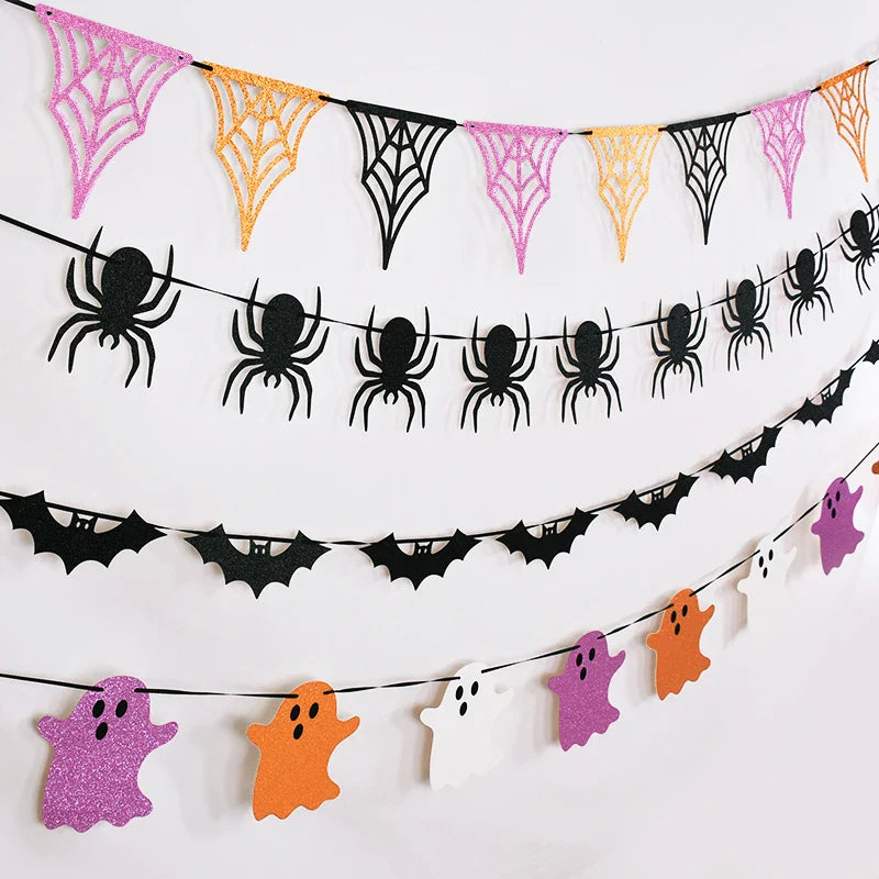 JazzHer Halloween Hanging Garland Cartoon Ghost Bat Spider Bunting Paper Banner Halloween Party Home Fireplace Decoration Supplies Kids