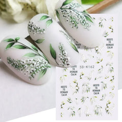 JazzHer 5D Acrylic Lily of the Valley Tulip Nail Decals Summer Flower Leaves Dreamcatcher Design Textured Sticker For Manicure LY5D-K162