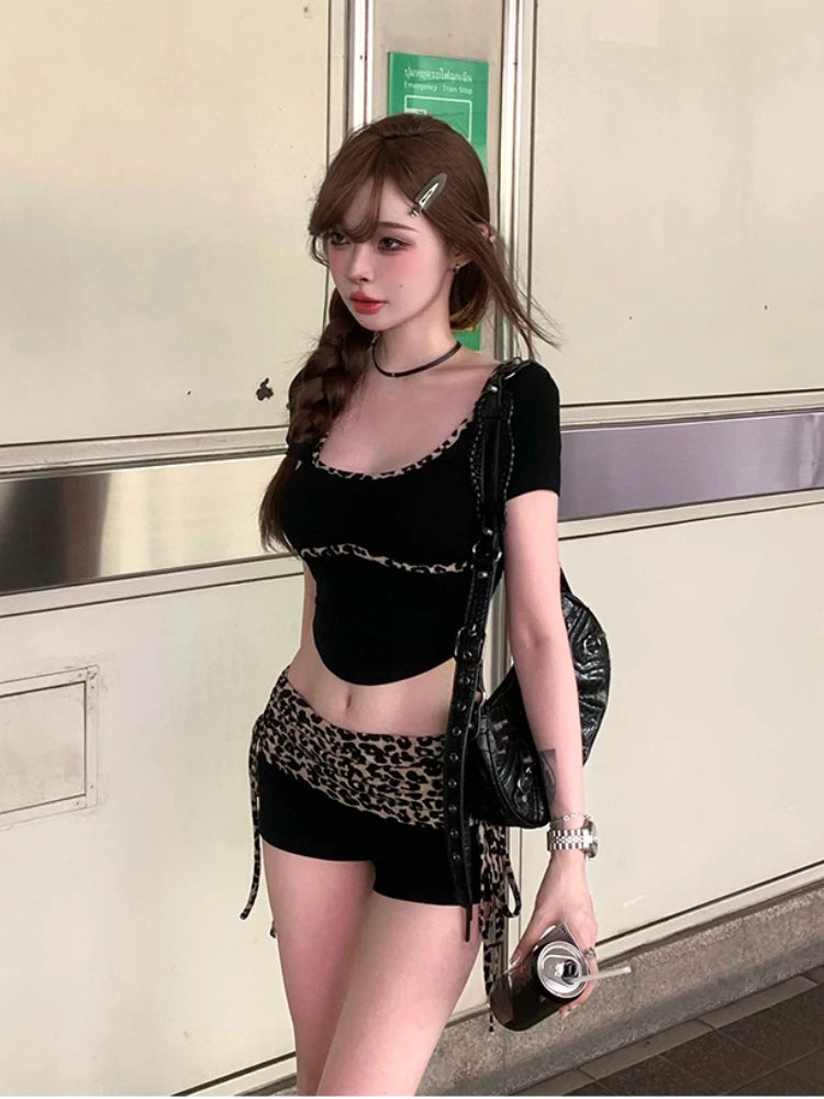 JazzHer Summer Woman 2000s Vintage Leopard Shorts Sets Casual Y2k Crop Tops Slim Fashion Shorts Hot Girls Aesthetics Sweet Suit Design