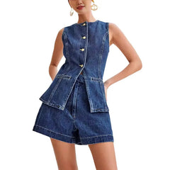 JazzHer Denim Short Sets Single Breasted Sleeveless Vest Two Pieces Pockets Zipper Fly Shorts Loose Solid Washed Vintage Basics