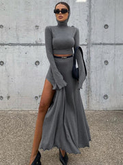 JazzHer 2024 Fall Fashion Loose Side Slit Skirt Two Piece Sets Womens Outfits 2024 Women Dress Sets Short Long Sleeve Hoodies And Skirts Suit Femme