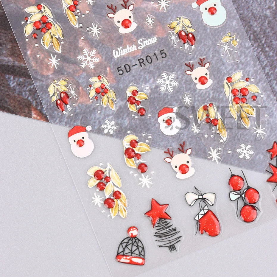 JazzHer Christmas Sticker Nail Stickers Decal Winter Snowflake Tangerines Cartoon Deer Elk Santa 2024 New Year Nail Design Decoration