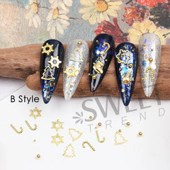 JazzHer Winter Gold Charm Nail Art Decoration 3D Hollow Christmas Tree Snowflakes Beads Design Metal Jewelry Manicure Flakes Parts LYS50