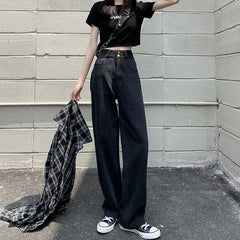 JazzHer Denim Wide Leg Pants Women High Waist Causal Vintage Denims Pockets Zipper Fly Straight Trousers Female Full Length Jeans