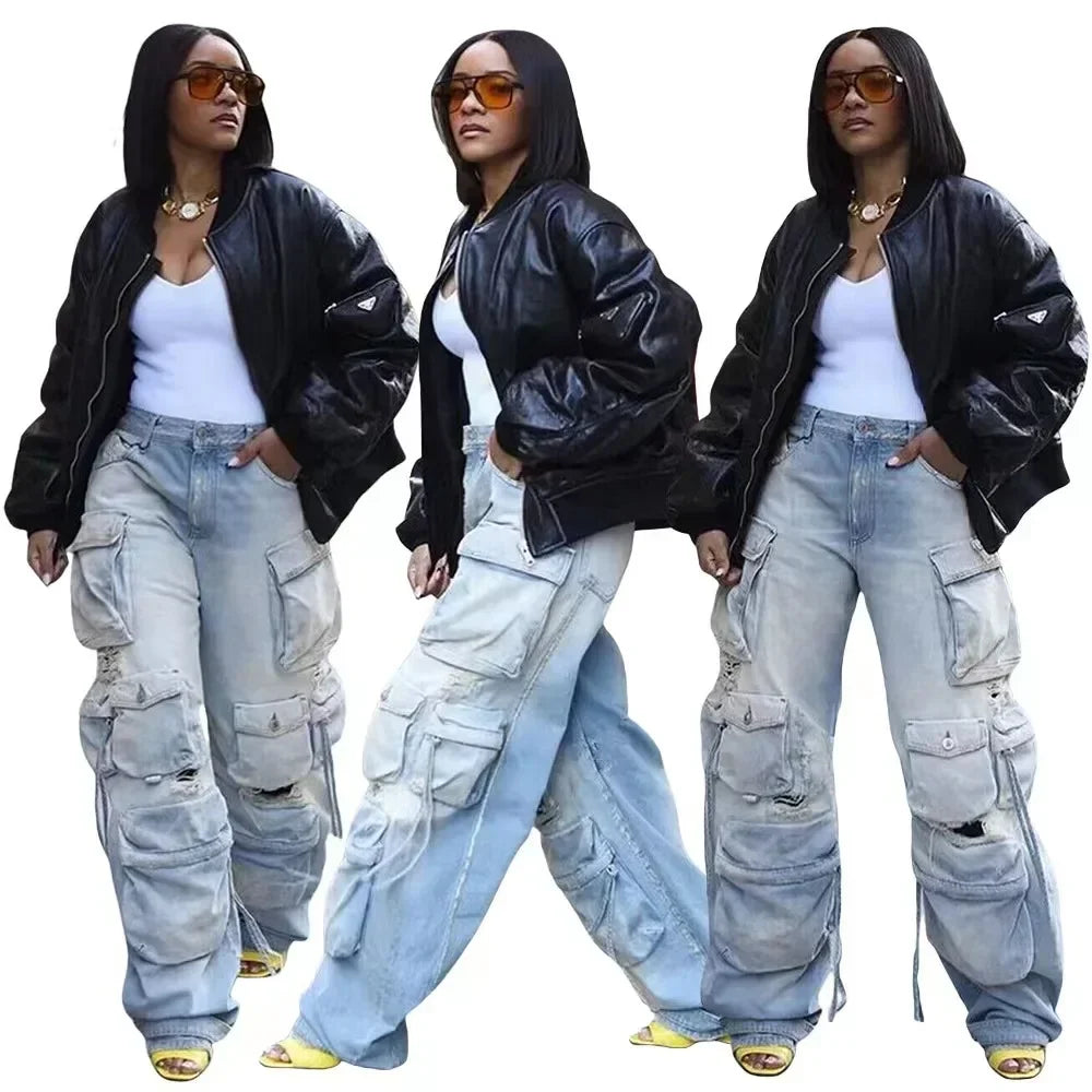 JazzHer Washed Cargo Pants Women Hole Distressed Jeans Vintage Pockets Mid Waist Trousers 2024 Autumn Female Casual Denims Streetwear