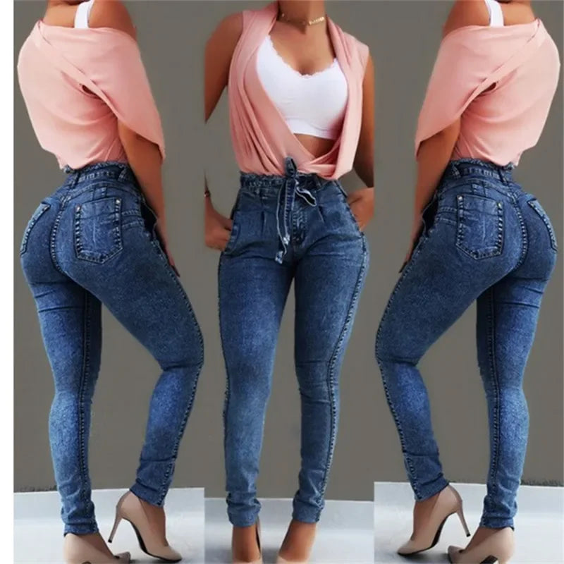 JazzHer High Waist Denim Jeans Solid Vintage Washed Skinny Women Jean Pencil Pants Ankle Length Pockets Sheath Basics 2024