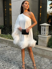 JazzHer Elegant One Shoulder Feather Spliced Mini Dress Sexy Backless Long Sleeves Loose Vestidos Elegant Lady Party Club Robes