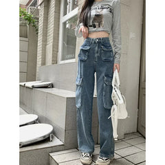 JazzHer Jeans Washed Ankle Length Denim Straight Pants Vintage Distressed Spliced Pockets High Waist Safari Style Zipper Fly Autumn