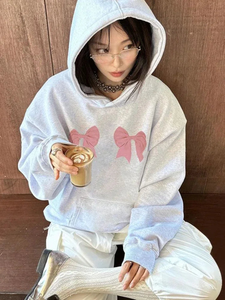 JazzHer- Kawaii Bow Print Hoodies Women Y2k Long Sleeve Sweatshirt Oversized Sweet Girl Causal Loose Autumn Winter Clothes Ins