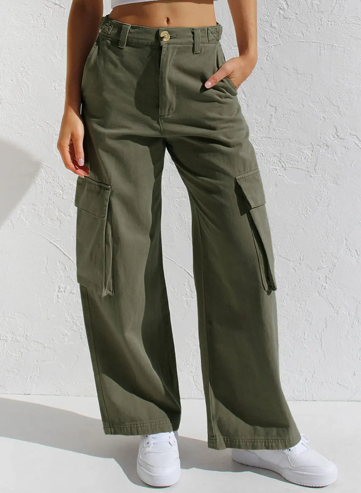 JazzHer Women Cargo Pants Denim Ankle Length Jean Spliced Solid Loose Fit Pockets High Waist Zipper Fly Washed Vintage Streetwear