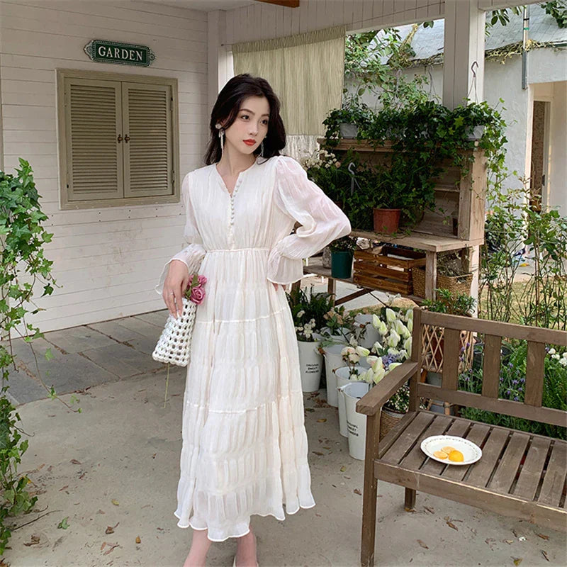 JazzHer-Elegant Chic Women White Midi Dress for Autumn 2024 New Chiffon Puff Long Sleeve V-neck Casual Office Lady Cute Fairy Dress