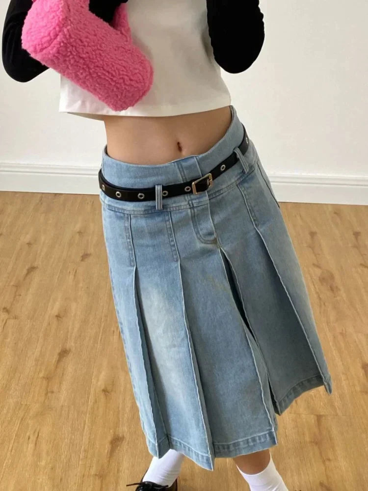 JazzHer- Y2k Streetwear Denim Pleated Skirt Women Vintage Low Waist A-line Distressed Knee-lenght Jeans Skirt Japanese Fashion