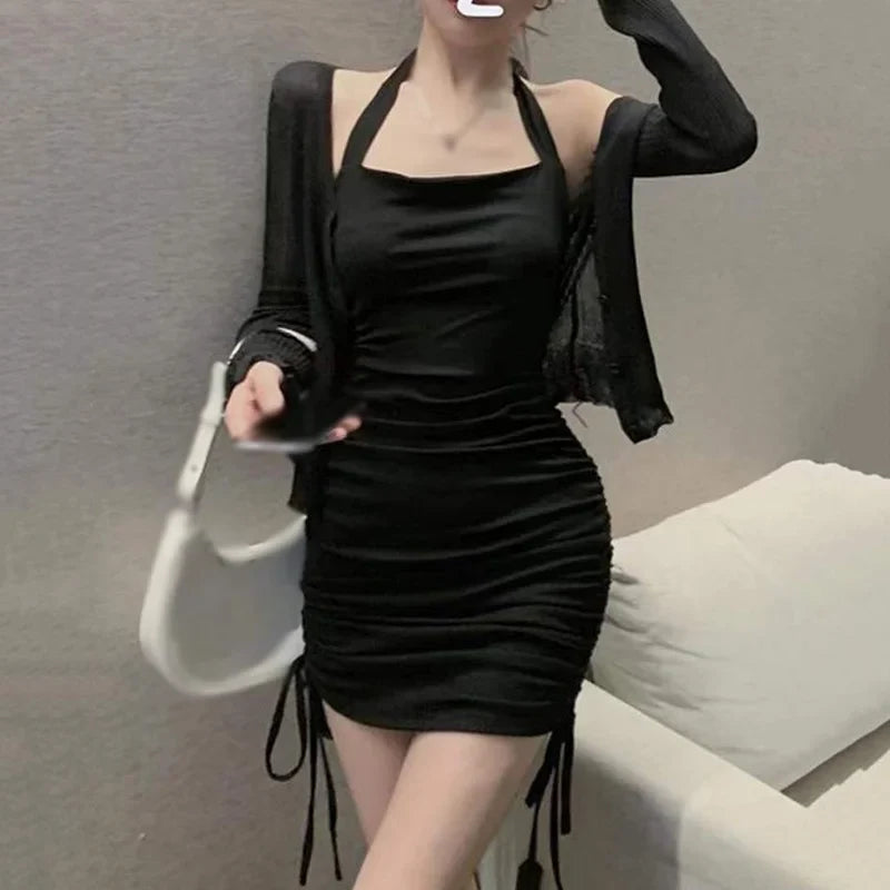 JazzHer Halter Neck Drawstring Black Mini Dress Women Off Shoulder Sexy Party  Club Tank Bodycon Short Summer Dresses Y2K