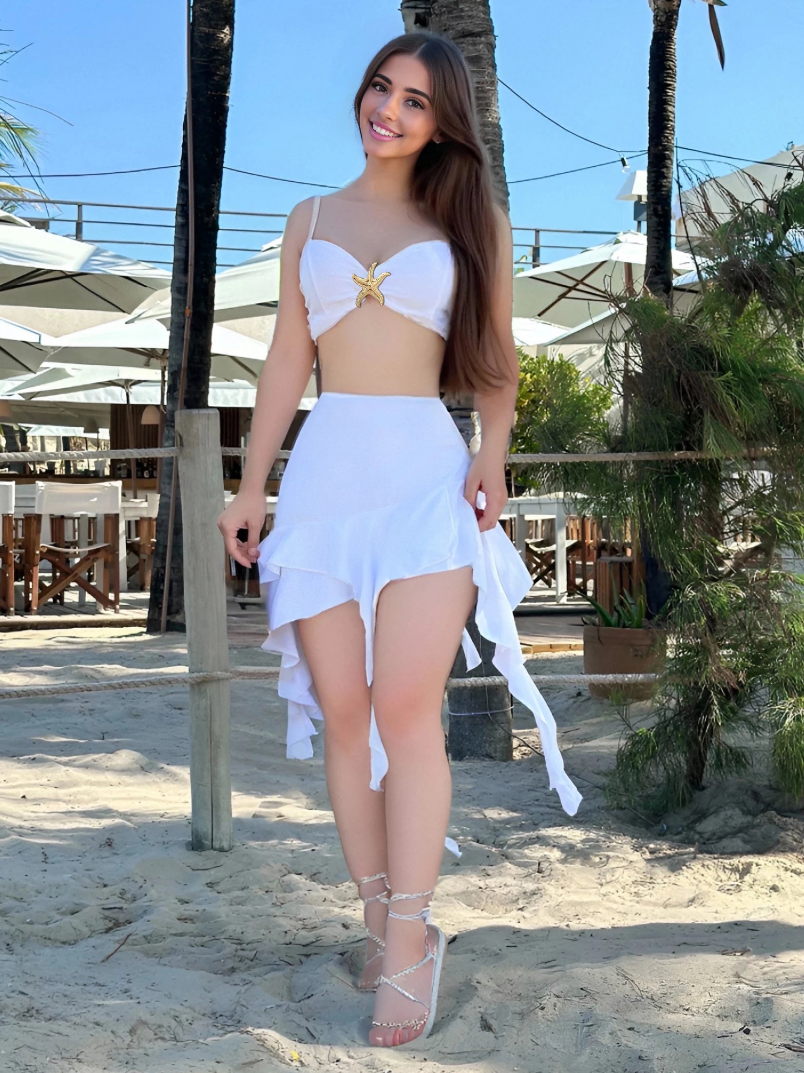 JazzHer 3 Piece Swimsuit Starfish Bikini Set Mini Beach Skirt Vacation Wear Evening Party Dress Women Ruffle Cute Holiday Outfit S282