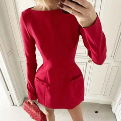 JazzHer Bows Splice Long Sleeve Mini Dress Elegant Office Woman Solid Bodycon Club Party Dresses 2024 Autumn High Waist Fashion