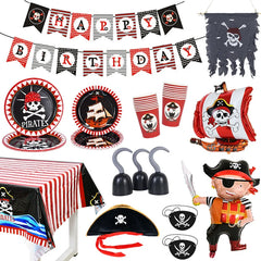 JazzHer Pirate Theme Disposable Tableware Happy Birthday Banner Pirate Ship Foil Balloons Kids Boy Birthday Party Decoration Baby Shower