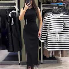 JazzHer Dress Women Sexy Tassel Long Dress Sleeveless Slim Fit Wrap Hip Round Neck Elegant Splice Sheath Vestidos Solid Summer