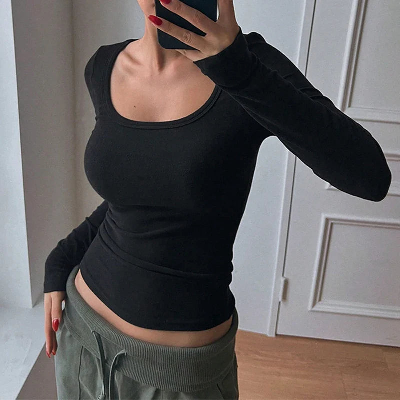 JazzHer Spring Autumn Long Sleeve Scoop Neck Solid Color T-Shirt Women Slim Fit Crop Tops Female Casual Basic Pullovers Tees Streetwear