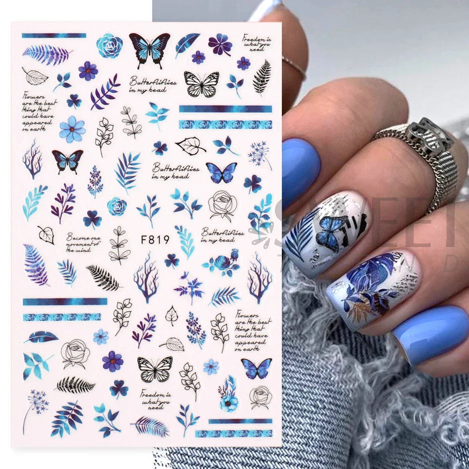 JazzHer Winter Geometry Cotton Nail Art Stickers 3D Blue Plants Coniferous Frame Design Decals 2024 Trend Manicure Sliders Decor LYF817