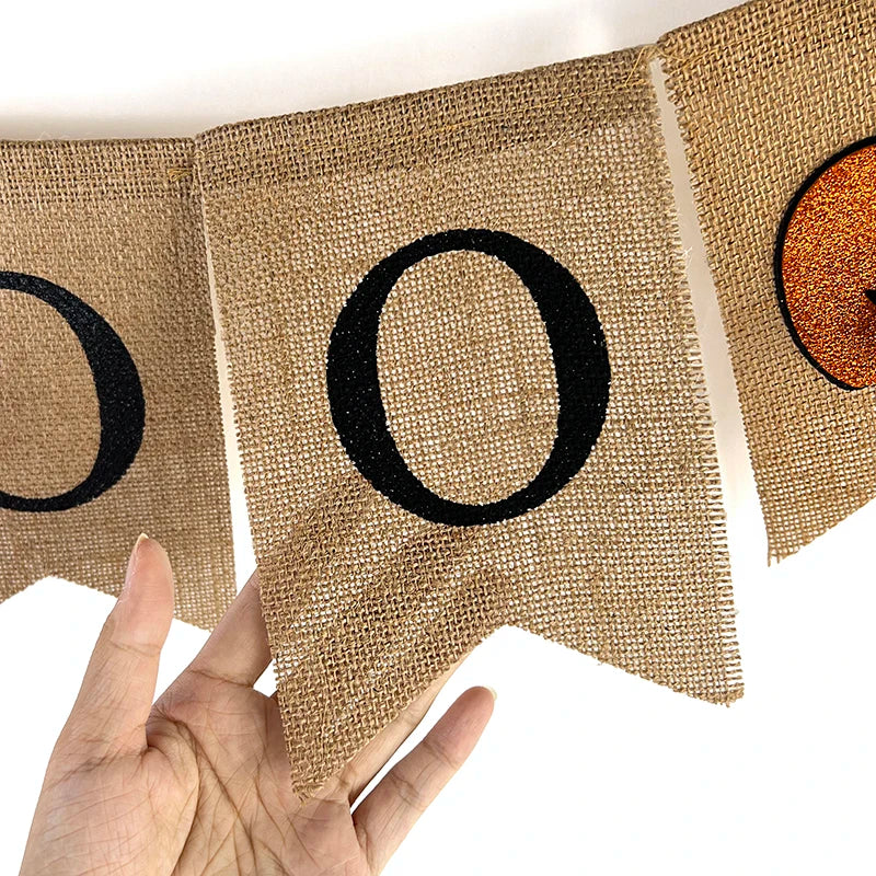 JazzHer Halloween Burlap Banner BOO Pumpkin Bunting Flag Rustic Hanging Garland for Home Fireplace Halloween Party Decoration Supplies