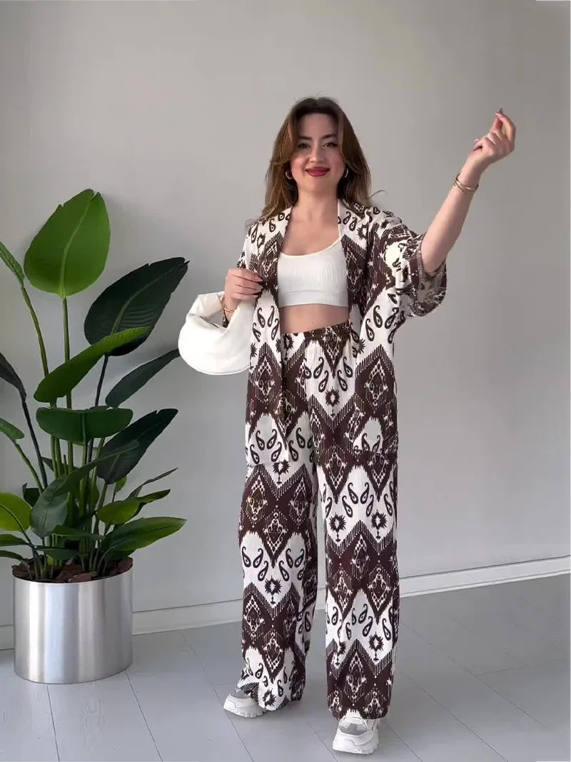 JazzHer Women Two Piece Sets Print Pant Set Cardigan V Neck Half Sleeve Shirt Tops Loose Casual Long Wide Leg Pants Summer 2024