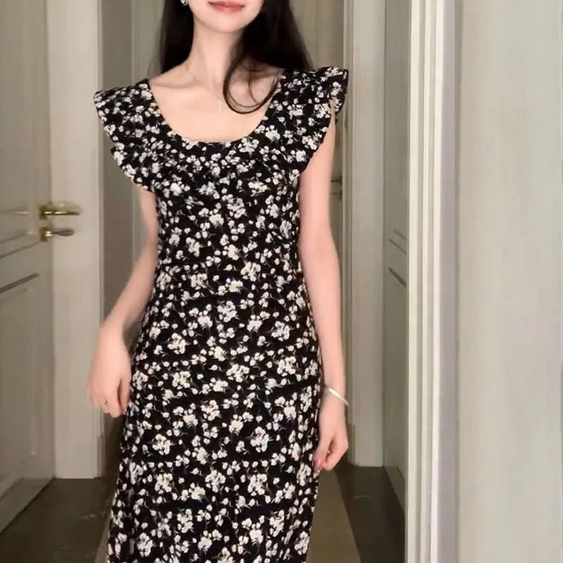 JazzHer Korean Style Hot Girl Floral Kawaii Dress Elegant Tighten The Waist 2024 Spring Summer New Dress Vintage Women Lovely Dress