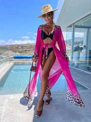 JazzHer Leopard Print Beach Cover-ups Plus Size Chiffon Long Sleeve Maxi Dress Open Front Kimono Cardigan Lightweight Tunic Outfit A2705