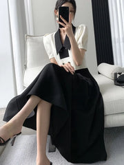 JazzHer French Elegant Two Piece Sets Vintage Office Lady Puff Sleeve White Crop Top + A Line Black Midi Skirts Suit Retro Summer Outfit