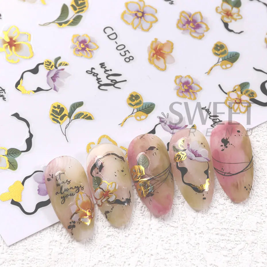 JazzHer Laser Gold Flower Nail Sticker 3D Geometry Leaves Adhesive Nails Slider Holographic Glitter Leaf Manicure Decals Tips Decoration