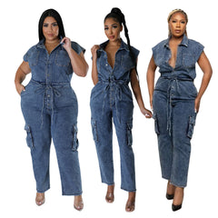 JazzHer Vintage Denim Overalls Jumpsuits Rompers Women Pockets Lace Up Casual One Pieces Jeans Straight Pants Streetwear Bodysuit