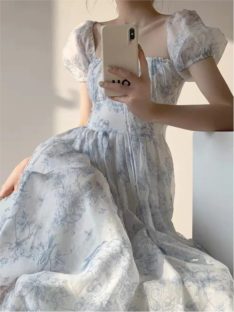 JazzHer French Princess Party Dress Off Shoulder Square Collar Floral Printed A-line Summer Dresses for Women Elegant One Piece Vestido