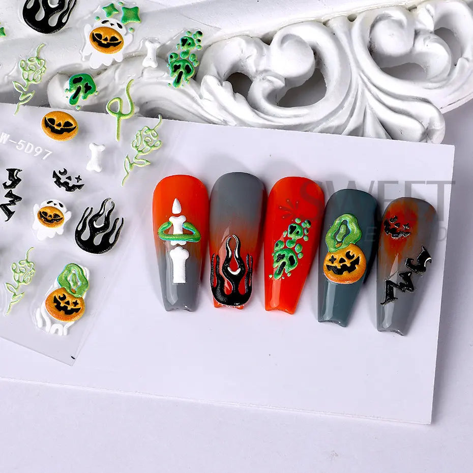 JazzHer 5D Acrylic Nail Sticker Halloween Ghost Skull Blood Drips Lip Design Decal Spider Witch Pumpkin Nail Art DIY Manicure Decoration