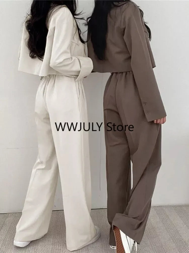 JazzHer Two Piece Sets Women Outifits Cropped Blazer 2024 Fall Office Lady Pants Sets Long Sleeve Fashion Coat Black High Waisted Pants